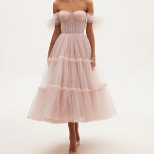 Misty Rose Pink Ruffled Tulle Midi Corset Dress Bridal Prom Party MillaNova